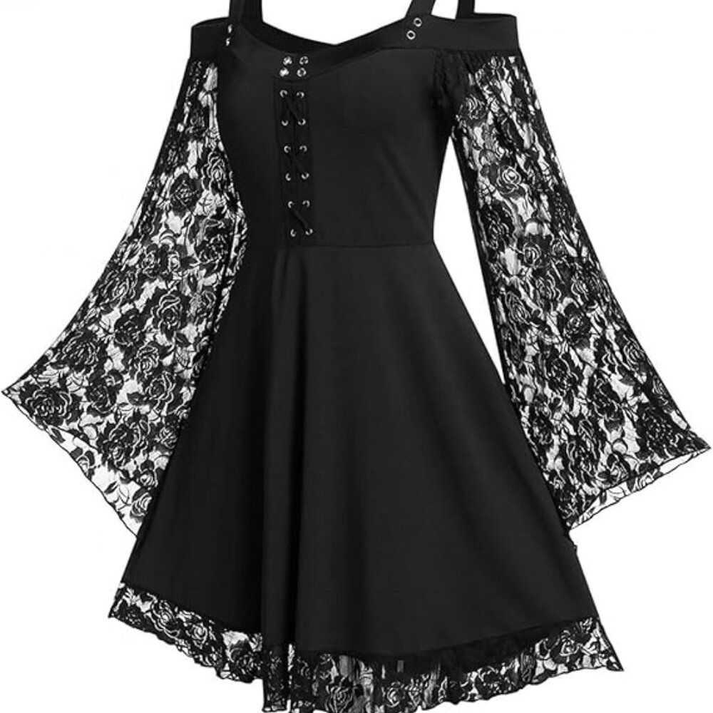 Gothic Black Dress Vintage Lace Goth Punk Rock‎ Renaissance Graduation Prom XL